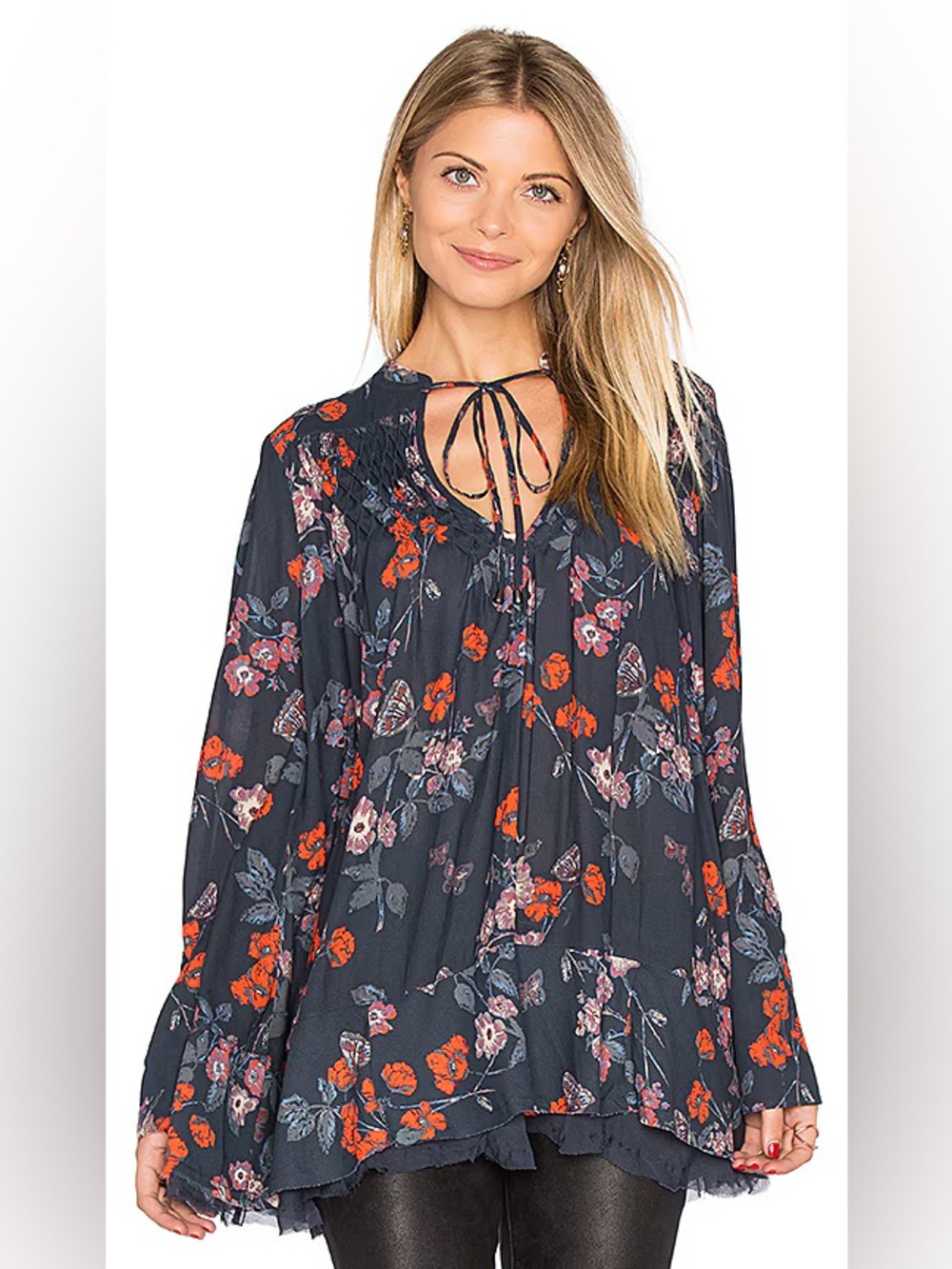 Free People Navy Pebble Crepe So Fine Smoked Tunic | Size Medium